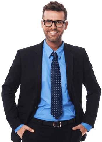 A professional solicitor smiling in a black suit and blue shirt